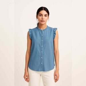 Frye Ruffle Denim Chambray Button Up Short Flutter Sleeve Top
